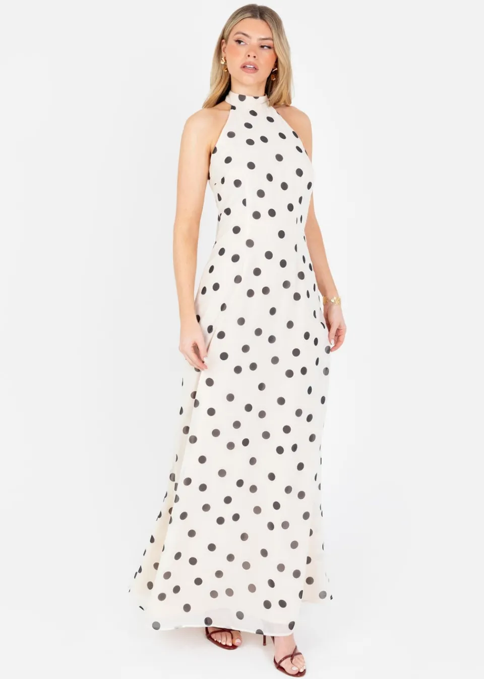 Dresses>Anaya with Love Cream Polka Dot Halter Neck Maxi Dress