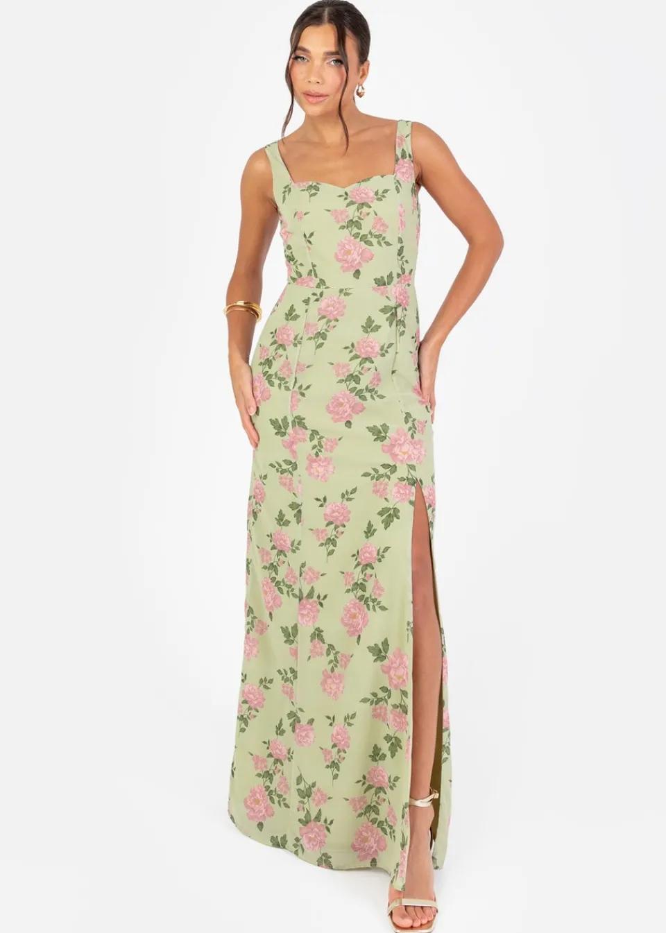 Dresses>Anaya with Love Green Floral Print Strappy Maxi Dress