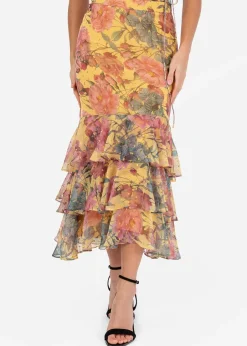 Skirts>Anaya with Love Yellow Floral Print Ruffled Midi Skirt