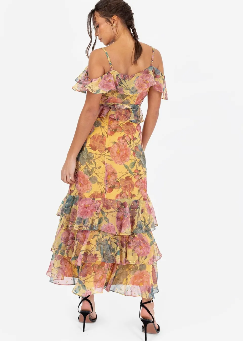 Skirts>Anaya with Love Yellow Floral Print Ruffled Midi Skirt