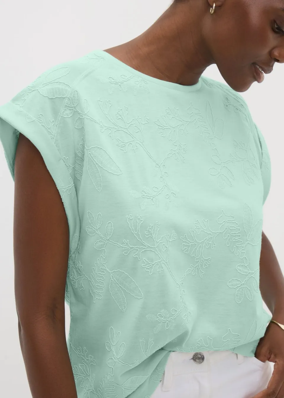 T-Shirts>Papaya Aqua Rolled Sleeve T-Shirt