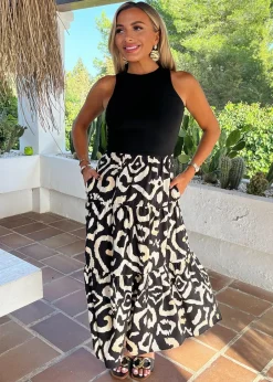 Dresses>AX Paris Black Abstract Print 2 In 1 Smock Midi Dress BlackPrint