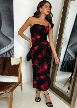 Dresses>AX Paris Black & Red Floral Print Ruched Side Strappy Midi Dress Black&Red
