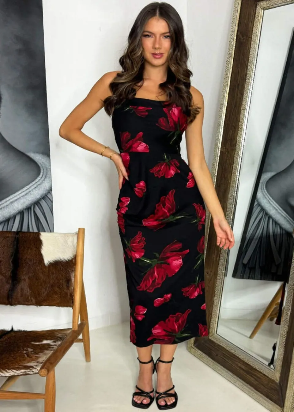 Dresses>AX Paris Black & Red Floral Print Ruched Side Strappy Midi Dress Black&Red