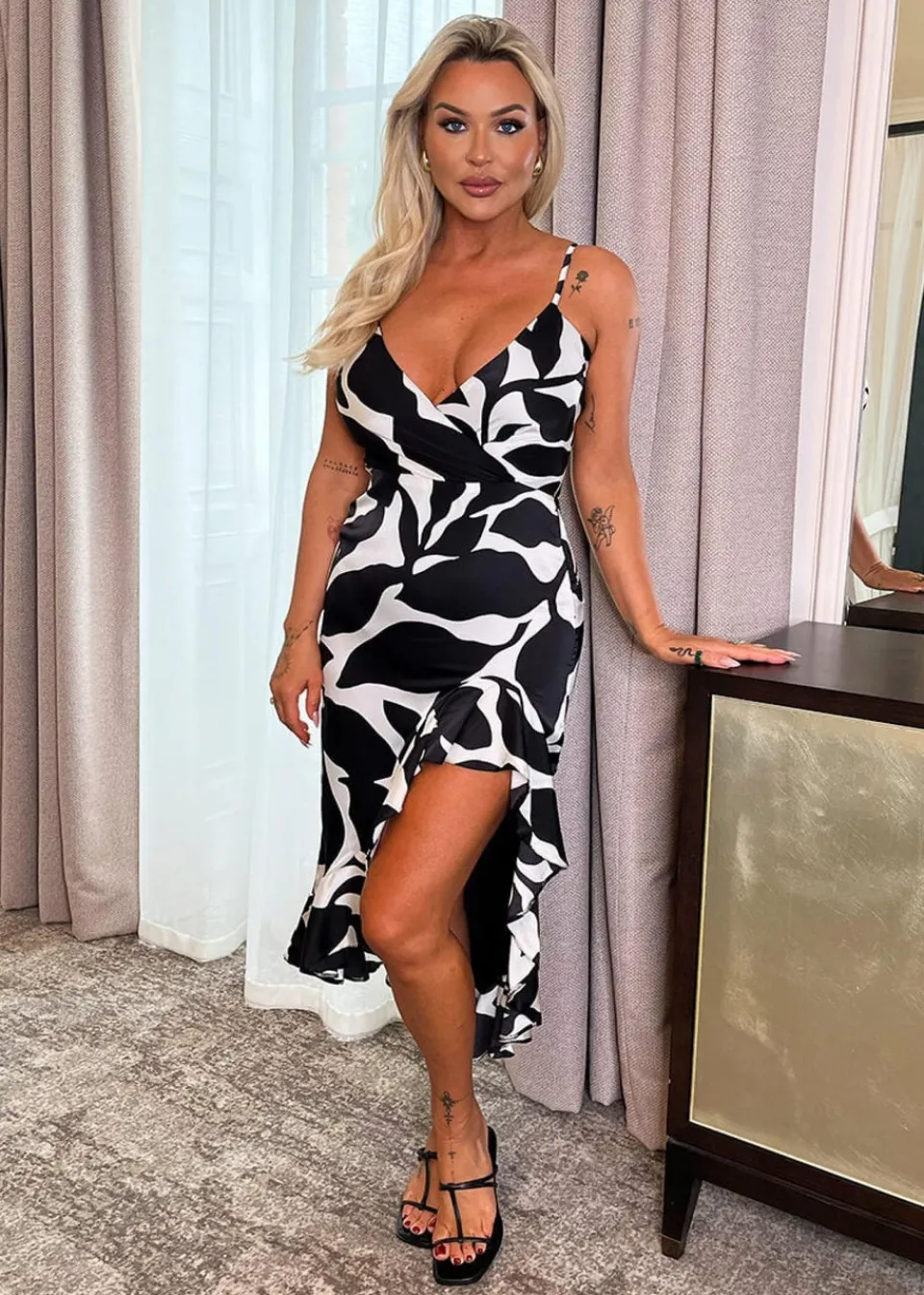 Dresses>AX Paris Black & White Leaf Print Strappy Wrap Top High Low Frill Hem Midi Dress