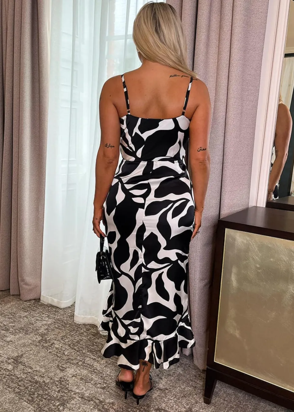 Dresses>AX Paris Black & White Leaf Print Strappy Wrap Top High Low Frill Hem Midi Dress