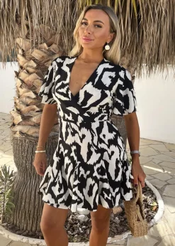 Dresses>AX Paris Black And White Abstract Print Wrap Top Skater Mini Dress Black&White