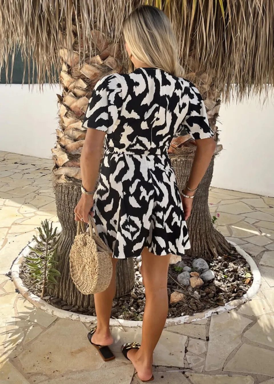 Dresses>AX Paris Black And White Abstract Print Wrap Top Skater Mini Dress Black&White