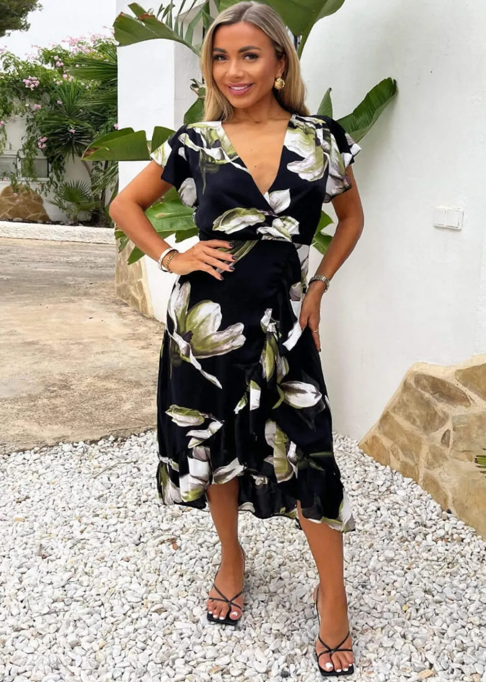 Dresses>AX Paris Black Floral Print Frill Hem Wrap Midi Dress