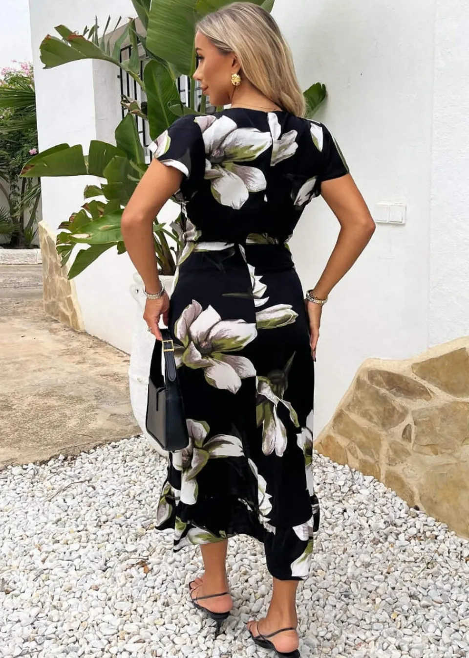 Dresses>AX Paris Black Floral Print Frill Hem Wrap Midi Dress