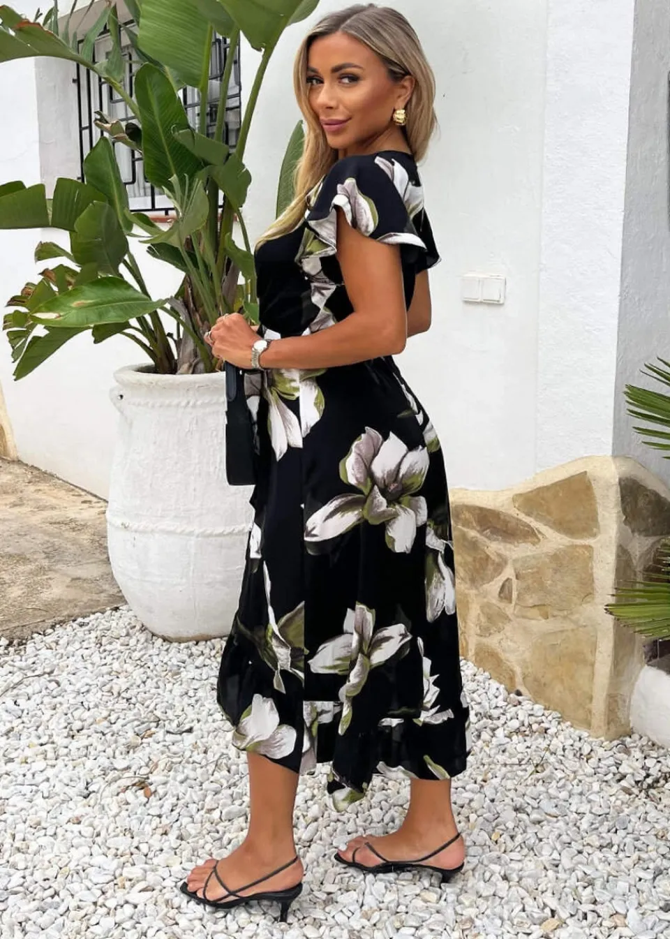 Dresses>AX Paris Black Floral Print Frill Hem Wrap Midi Dress