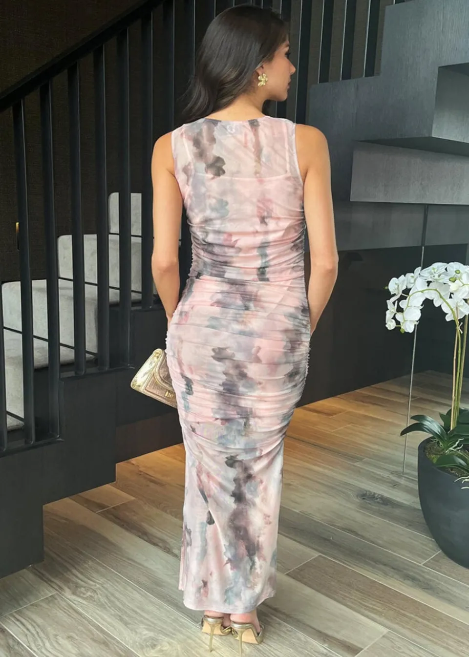 Dresses>AX Paris Blush Marble Print Mesh Overlay Bodycon Midi Dress BluePrint