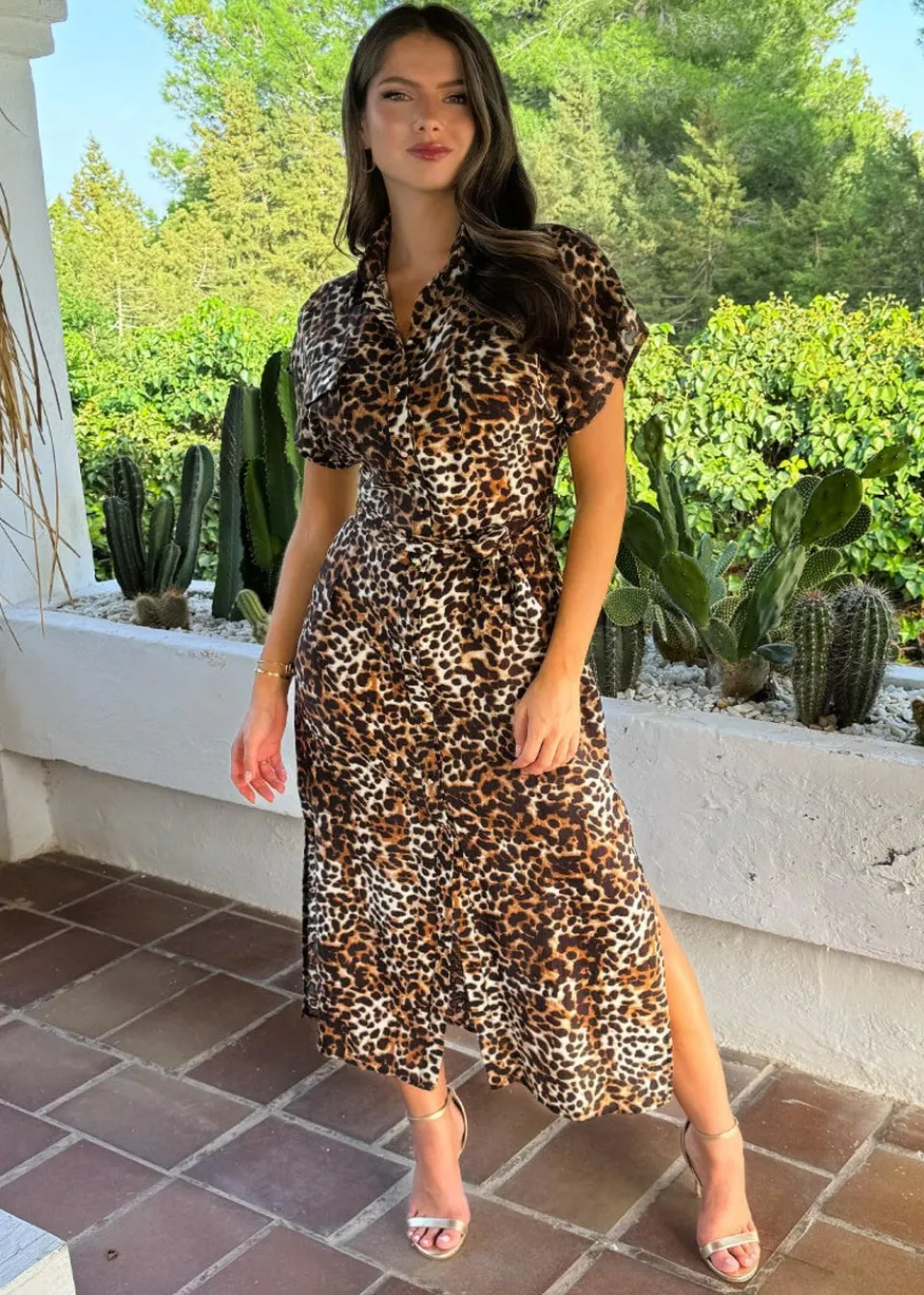 Dresses>AX Paris Brown Cheetah Print Short Sleeve Midi Shirt Dress
