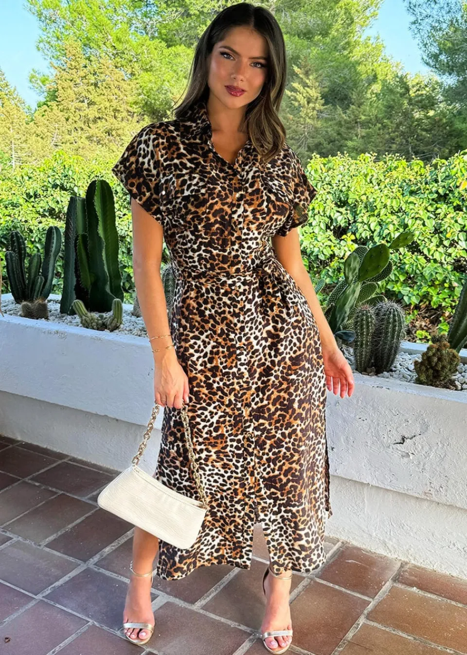 Dresses>AX Paris Brown Cheetah Print Short Sleeve Midi Shirt Dress