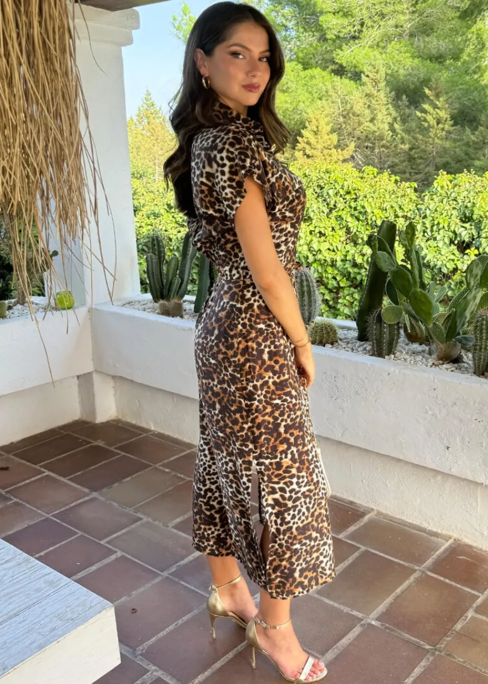 Dresses>AX Paris Brown Cheetah Print Short Sleeve Midi Shirt Dress