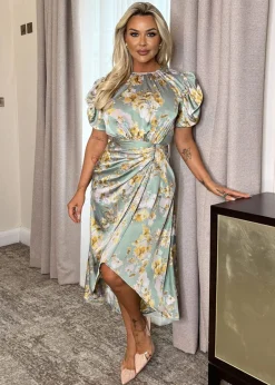 Dresses>AX Paris Duck Egg Floral Print Puff Sleeve Gathered Side Midi Dress