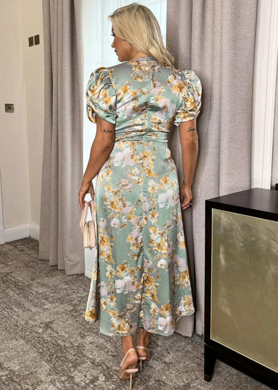 Dresses>AX Paris Duck Egg Floral Print Puff Sleeve Gathered Side Midi Dress
