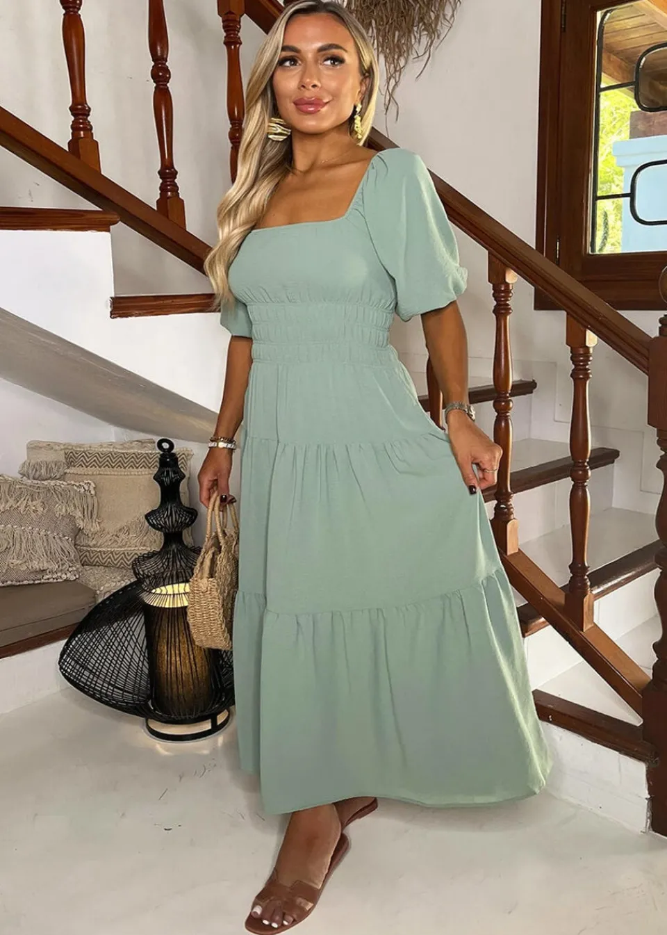 Dresses>AX Paris Duck Egg Puff Sleeve Shirred Waist Smock Midi Dress DuckEgg