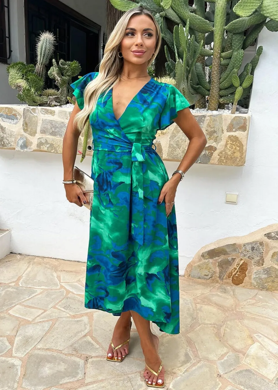 Dresses>AX Paris Green Abstract Print Short Sleeve Belted Wrap Midi Dress GreenPrint
