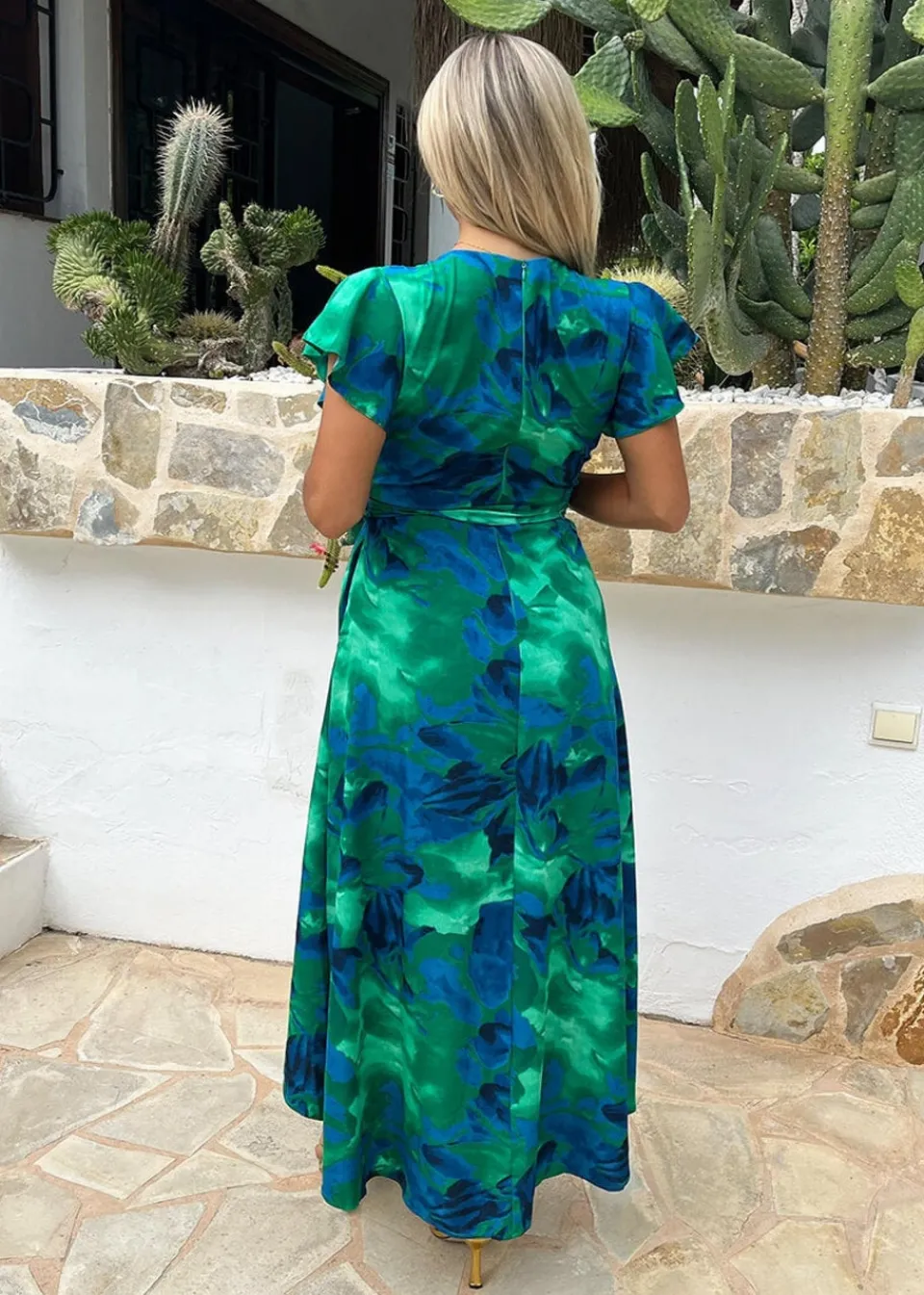Dresses>AX Paris Green Abstract Print Short Sleeve Belted Wrap Midi Dress GreenPrint