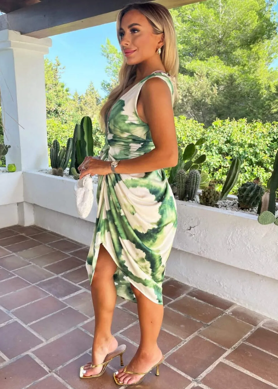Dresses>AX Paris Green Marble Print Wrap Top Gathered Skirt Midi Dress GreenPrint