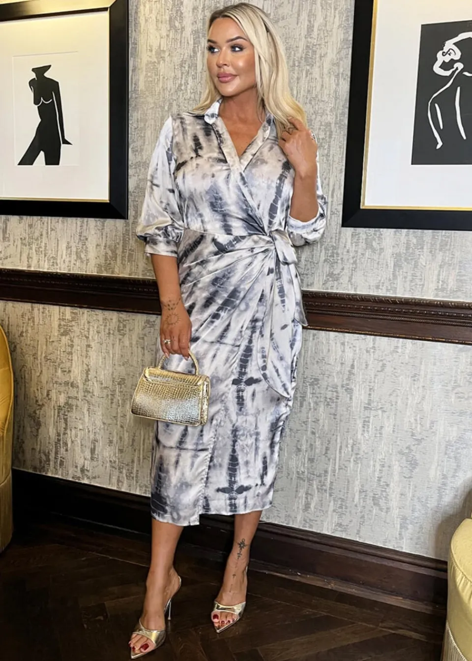Dresses>AX Paris Grey Printed 3/4 Sleeve Side Tie Waist Wrap Shirt Midi Dress