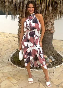 Dresses>AX Paris Multi Floral Print Halter Neck High Low Hem Midi Dress