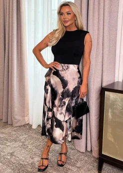 Dresses>AX Paris Multi Marble Print 2 In 1 Double Frill Split Midi Dress MultiPrint