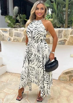 Dresses>AX Paris Multi Zebra Print Zig Zag Hem Pleated Midi Dress