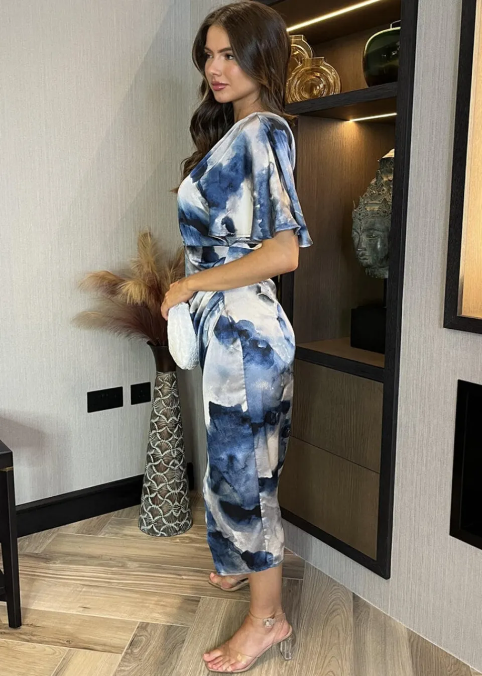 Dresses>AX Paris Navy Marble Print One Shoulder Wrap Skirt Midi Dress
