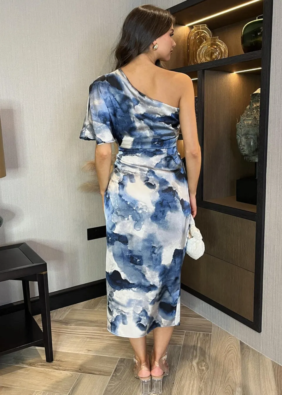 Dresses>AX Paris Navy Marble Print One Shoulder Wrap Skirt Midi Dress