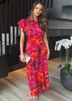 Dresses>AX Paris Orange Abstract Print Flutter Sleeve Midi Dress