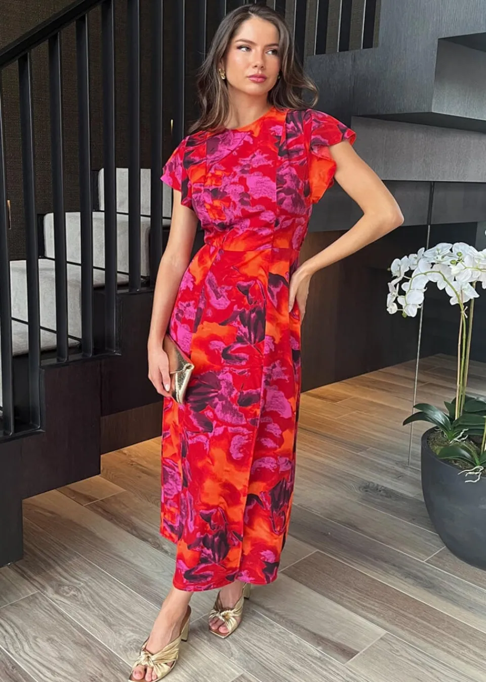 Dresses>AX Paris Orange Abstract Print Flutter Sleeve Midi Dress