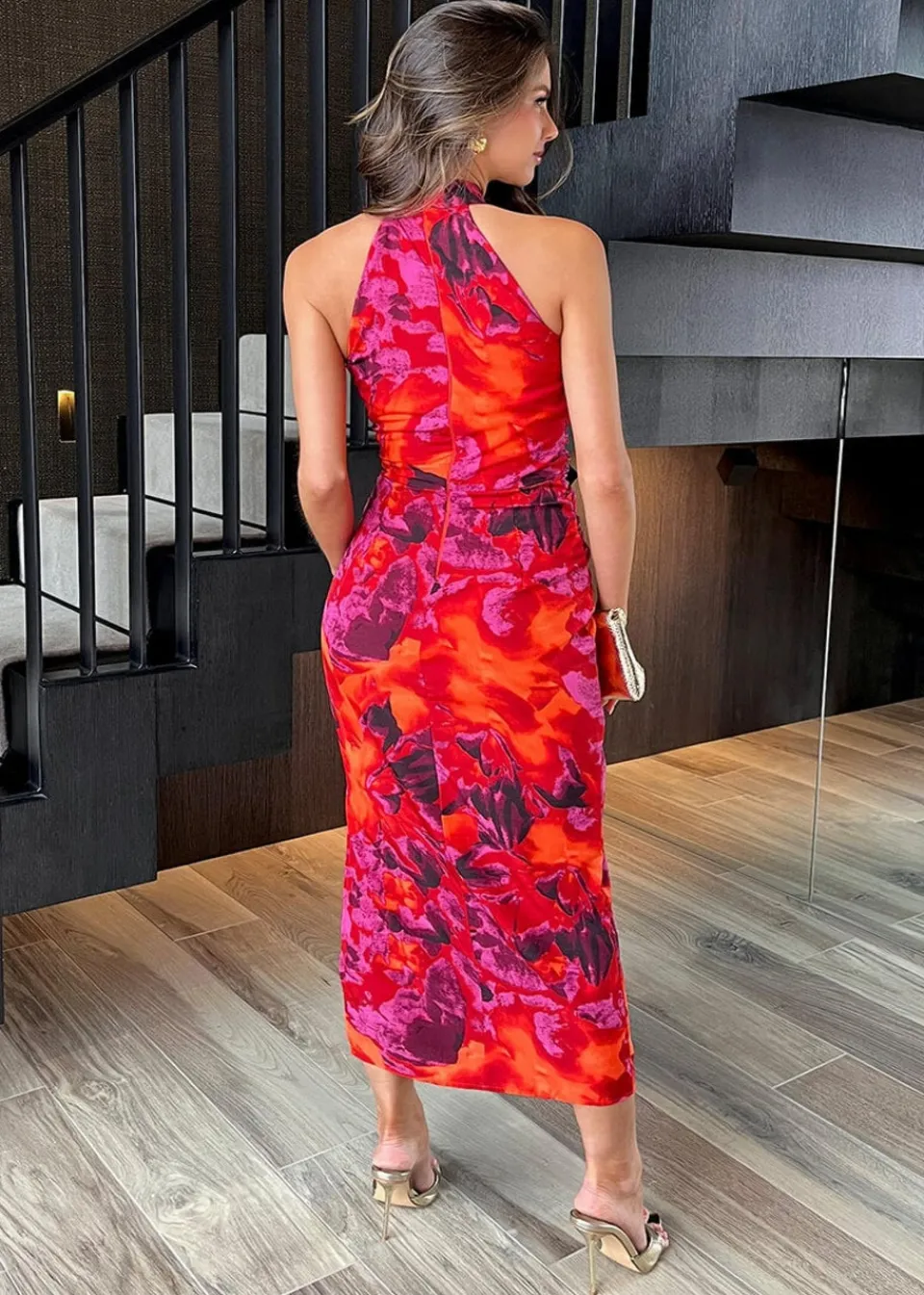 Dresses>AX Paris Abstract Print Halter Neck Draped Waist Midi Dress Orange