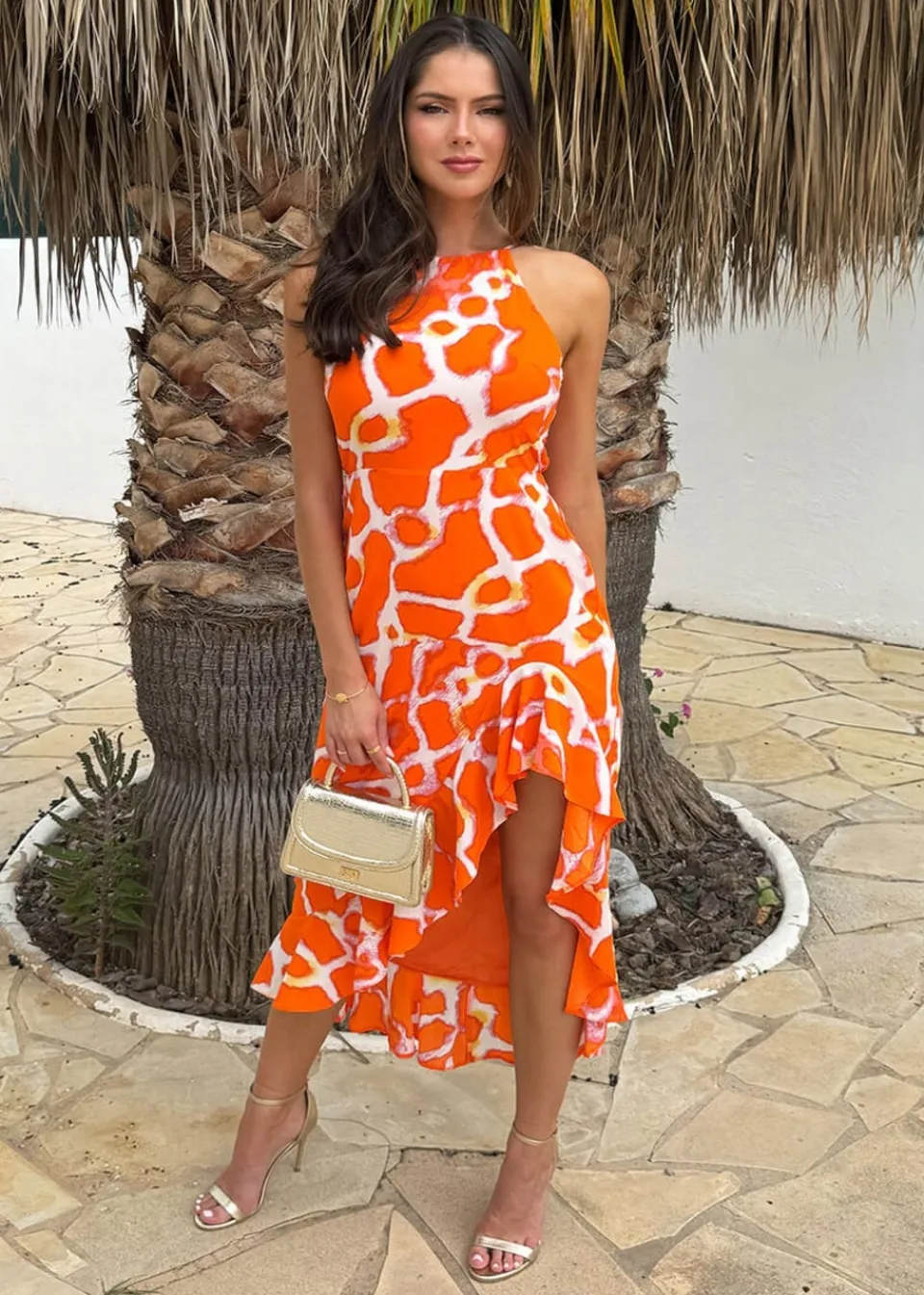 Dresses>AX Paris Giraffe Print Racer Neck High Low Frill Hem Midi Dress Orange