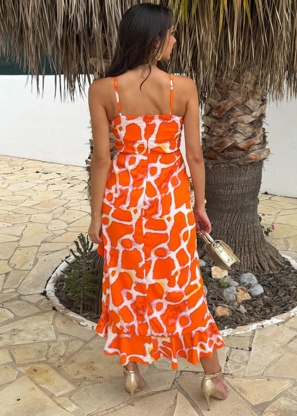 Dresses>AX Paris Giraffe Print Racer Neck High Low Frill Hem Midi Dress Orange