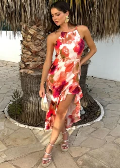 Dresses>AX Paris Smudge Print Racer Neck High Low Frill Hem Midi Dress Peach