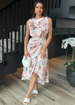 Dresses>AX Paris Pink Blush Floral Print Gathered Midi Dress With Shoulder Pads