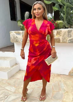 Dresses>AX Paris Pink Smudge Print Flutter Sleeve Wrap Midi Dress