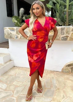 Dresses>AX Paris Pink Smudge Print Flutter Sleeve Wrap Midi Dress
