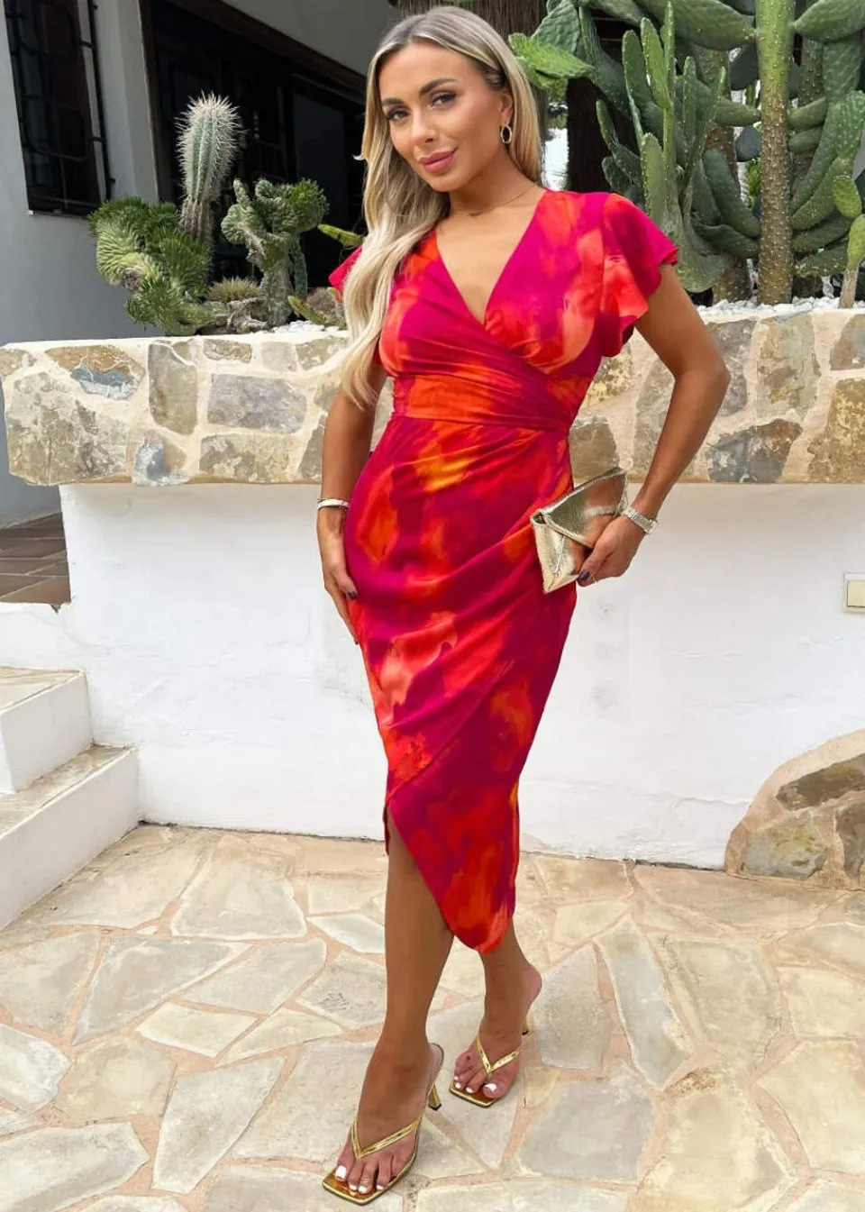 Dresses>AX Paris Pink Smudge Print Flutter Sleeve Wrap Midi Dress