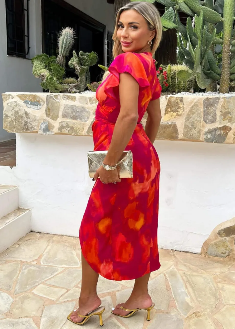 Dresses>AX Paris Pink Smudge Print Flutter Sleeve Wrap Midi Dress