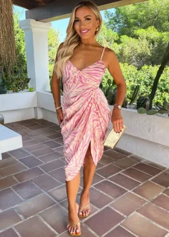Dresses>AX Paris Zebra Print Strappy Wrap Top Gathered Skirt Midi Dress Pink