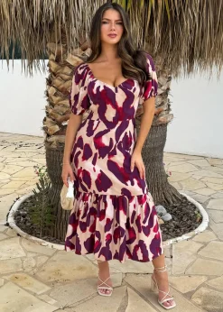 Dresses>AX Paris Purple Animal Print Puff Sleeve Smock Midi Dress