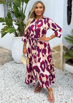 Dresses>AX Paris Purple Animal Print 3/4 Sleeve Shirt Midi Dress Purpleprint
