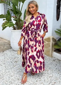 Dresses>AX Paris Purple Animal Print 3/4 Sleeve Shirt Midi Dress Purpleprint
