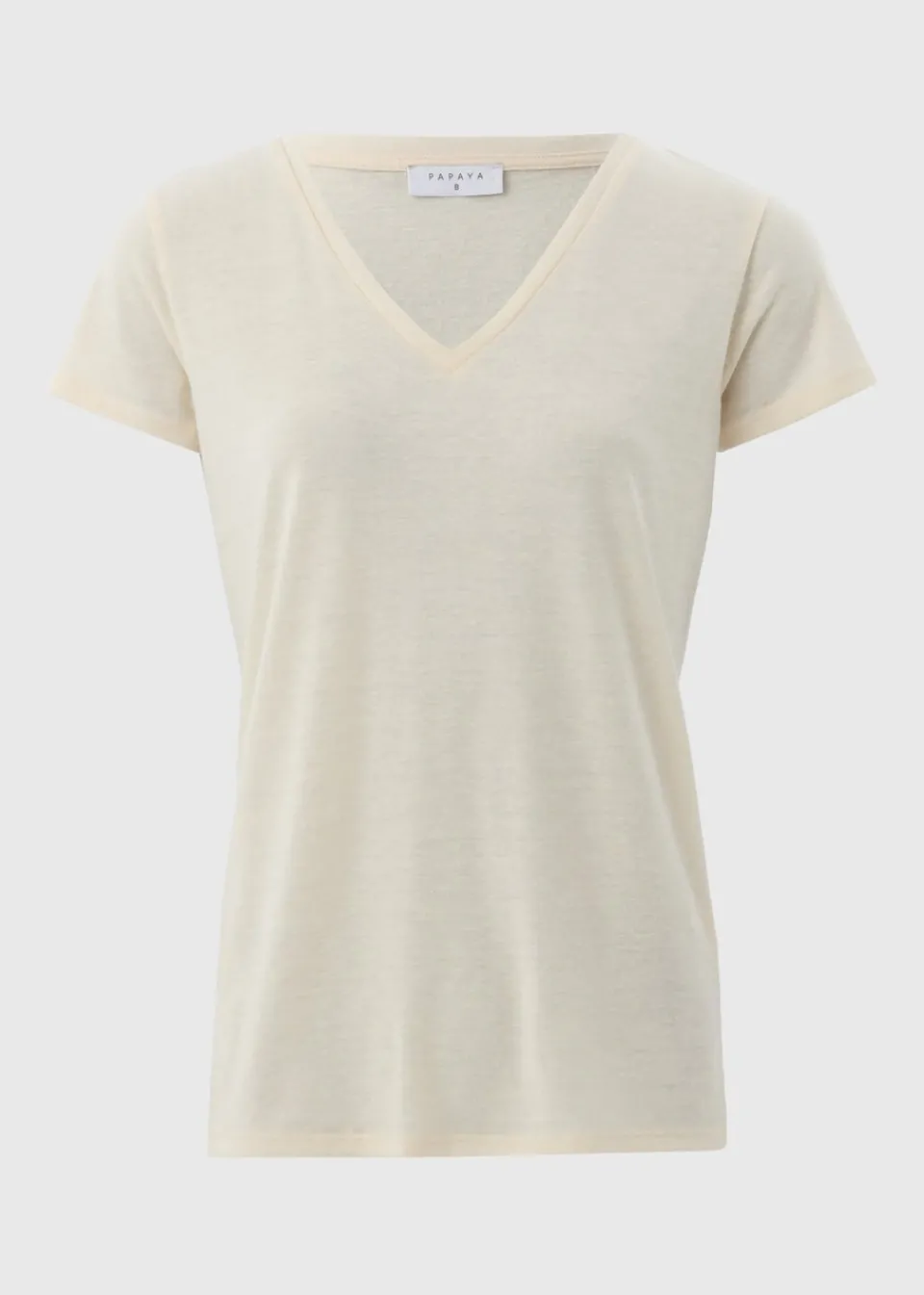T-Shirts>Papaya Beige Linen Blend V-Neck T-Shirt