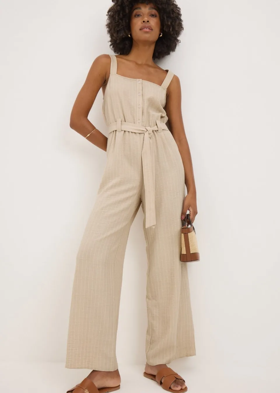 Jumpsuits & Playsuits>Papaya Beige Stripe Button Front Jumpsuit