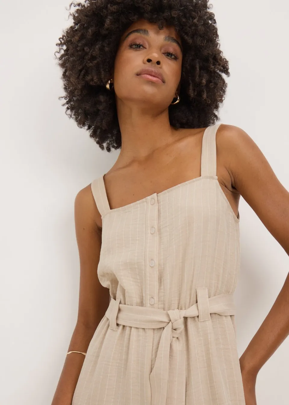 Jumpsuits & Playsuits>Papaya Beige Stripe Button Front Jumpsuit