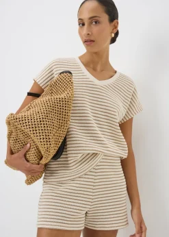 Shorts>Papaya Beige Stripe Textured Co Ord Shorts